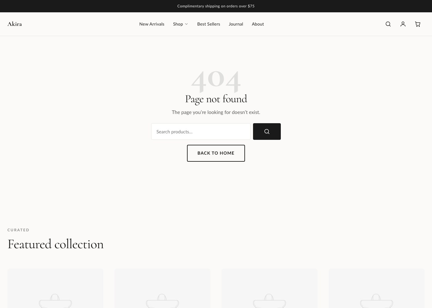The 404 page with a clear message and a way back to the store.