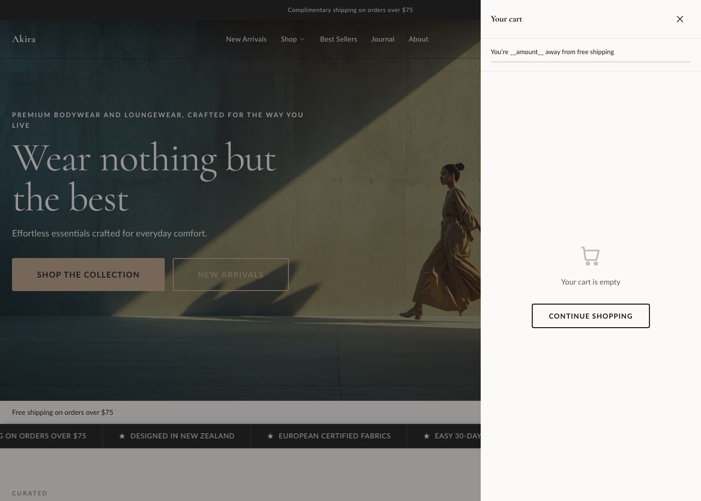 The cart drawer open, showing line items, quantity steppers, and the free shipping progress bar.