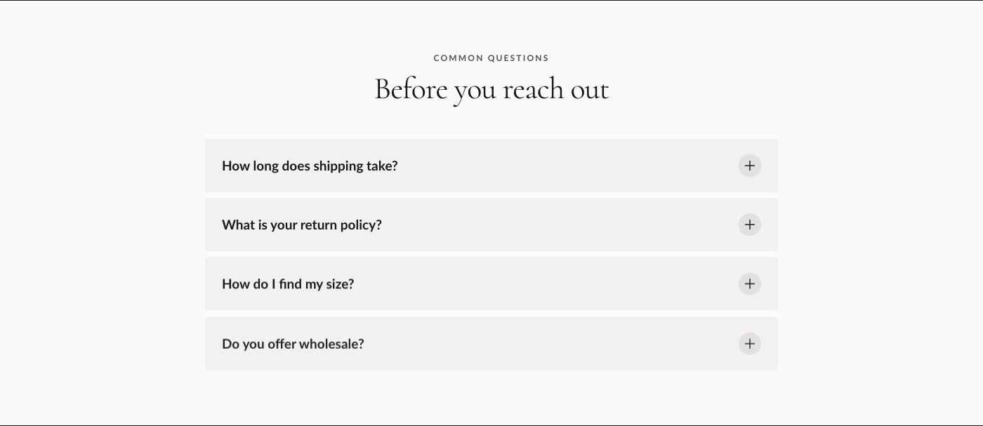 An FAQ accordion on the Contact page.