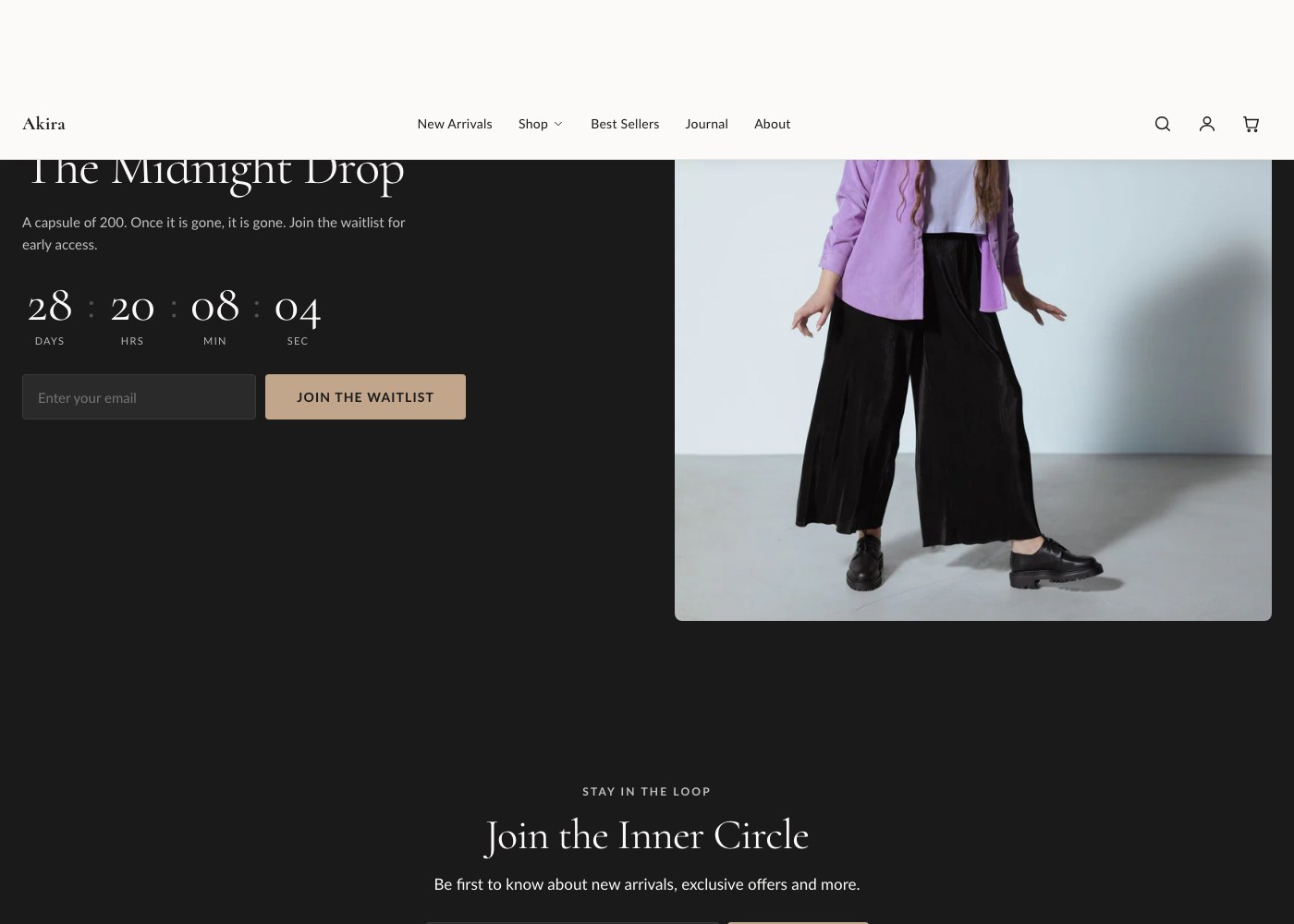 The default 4-column footer with brand, shop, help, and newsletter columns.