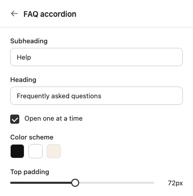The FAQ accordion section's settings panel.