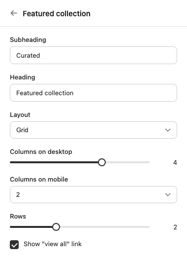 The Featured collection section's settings panel.