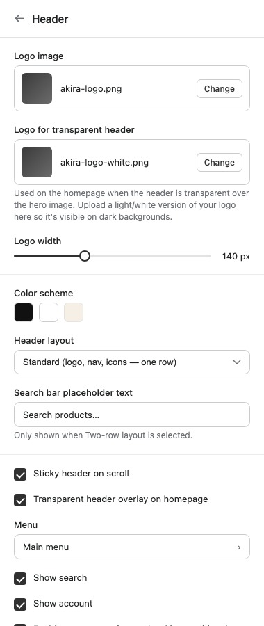 The Header section's settings panel in the theme editor.