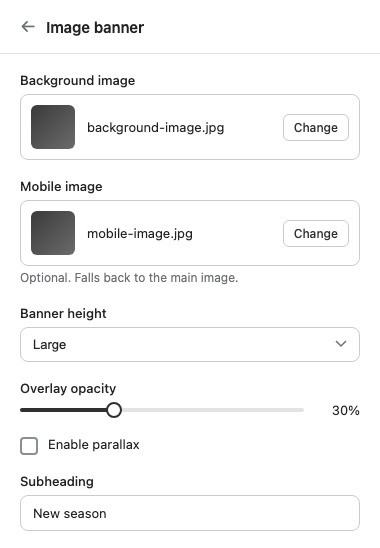 The Image banner section's settings panel.