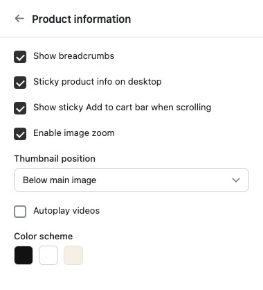 The Product information section's settings panel.