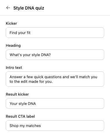 The Style DNA quiz section's settings panel.