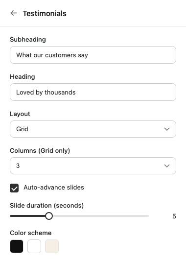 The Testimonials section's settings panel.