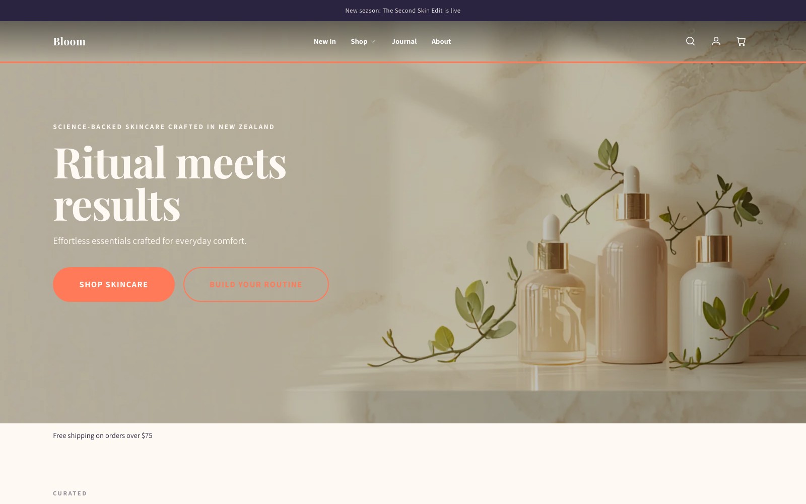Bloom preset homepage, skincare and beauty
