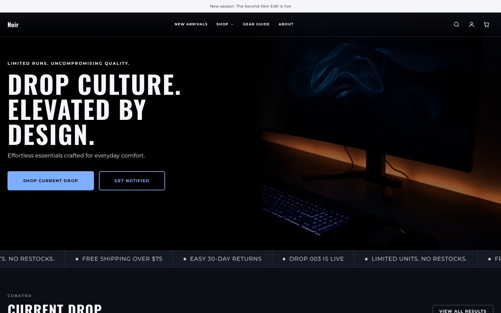 Noir preset homepage, tech and hardgoods