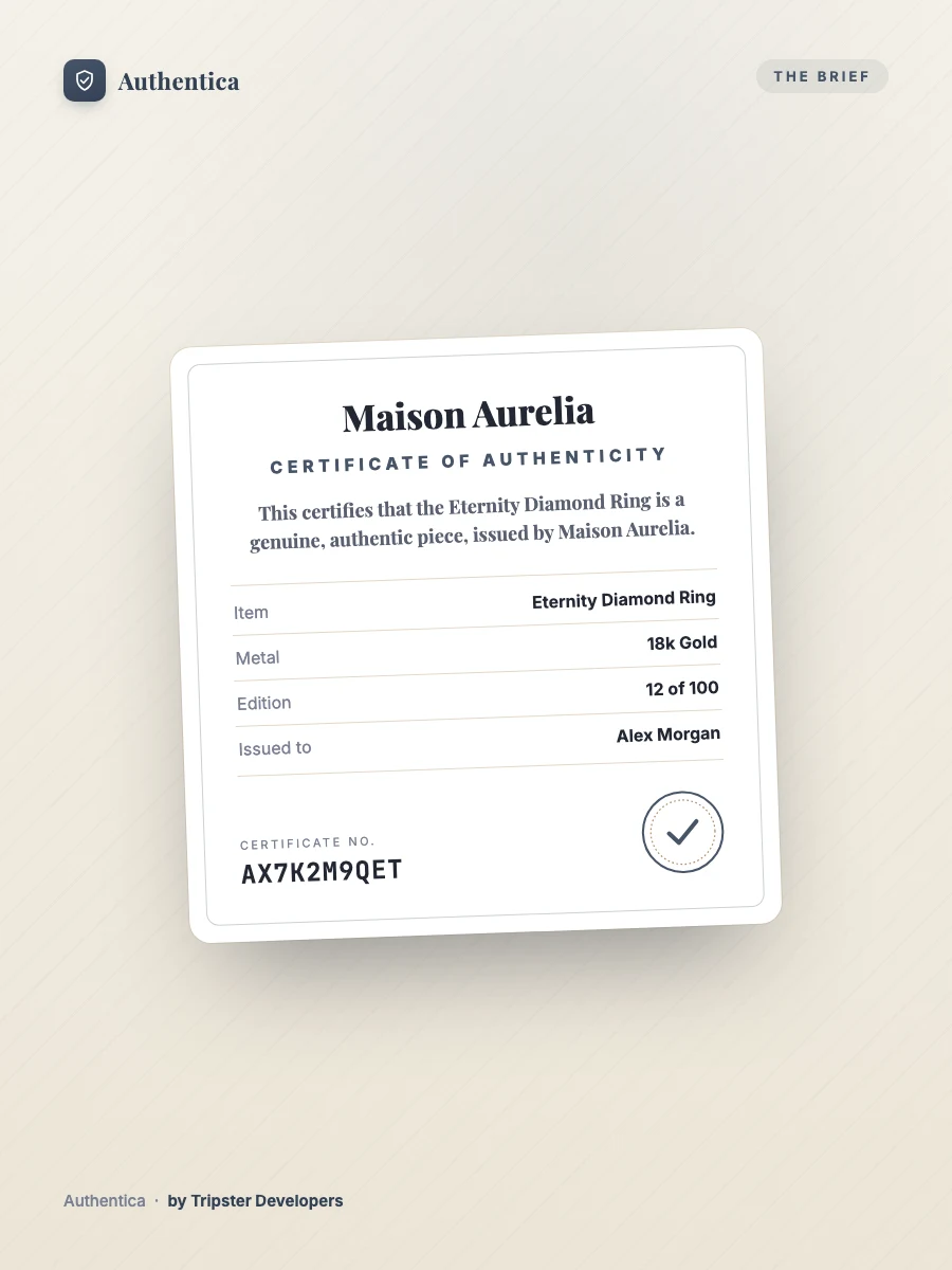 An Authentica Certificate of Authenticity for Maison Aurelia, showing item, metal, edition and certificate number fields