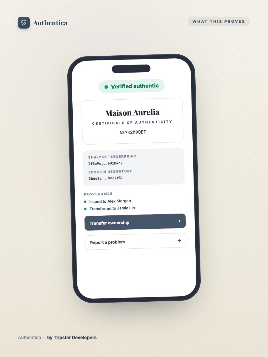 An Authentica verification page on a phone, showing Verified authentic, the certificate's SHA-256 fingerprint and Ed25519 signature, provenance, and transfer ownership and report a problem buttons