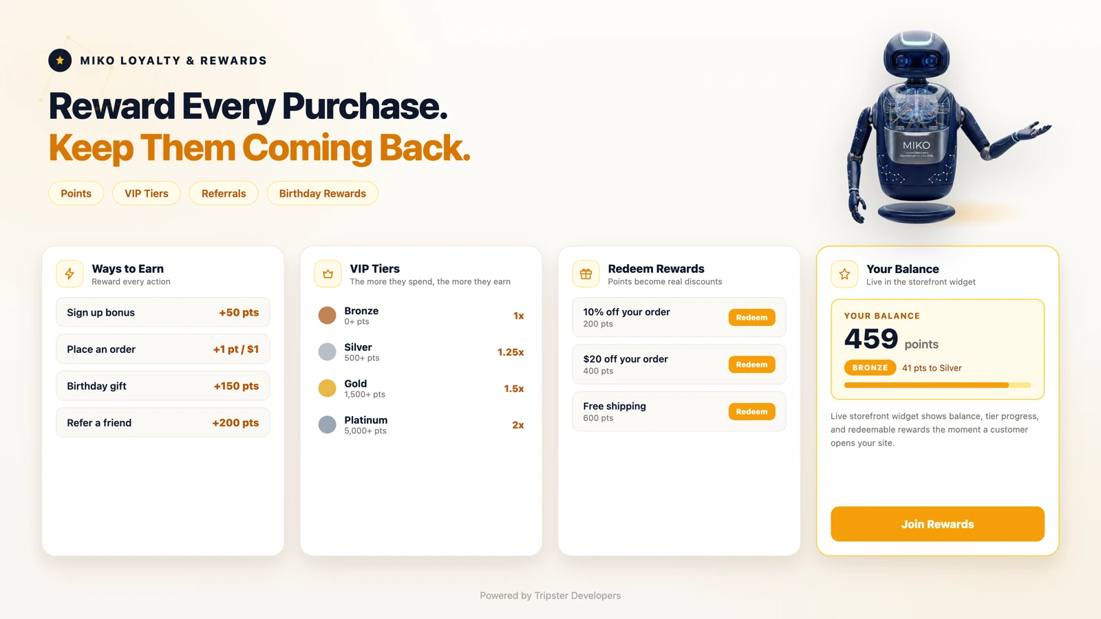 Miko Loyalty & Rewards Shopify app by Tripster Developers, a certified Shopify expert built loyalty and rewards app
