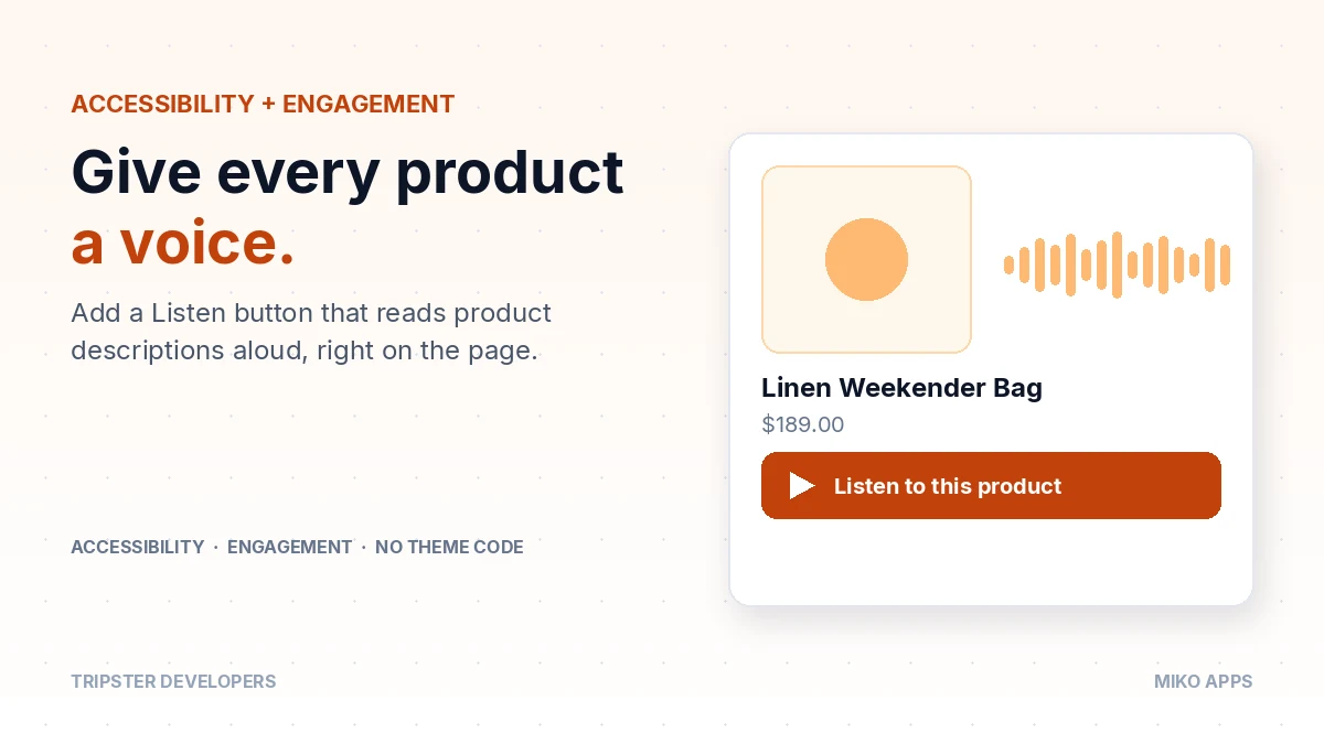 Shopify product page with a Listen button playing the description as audio