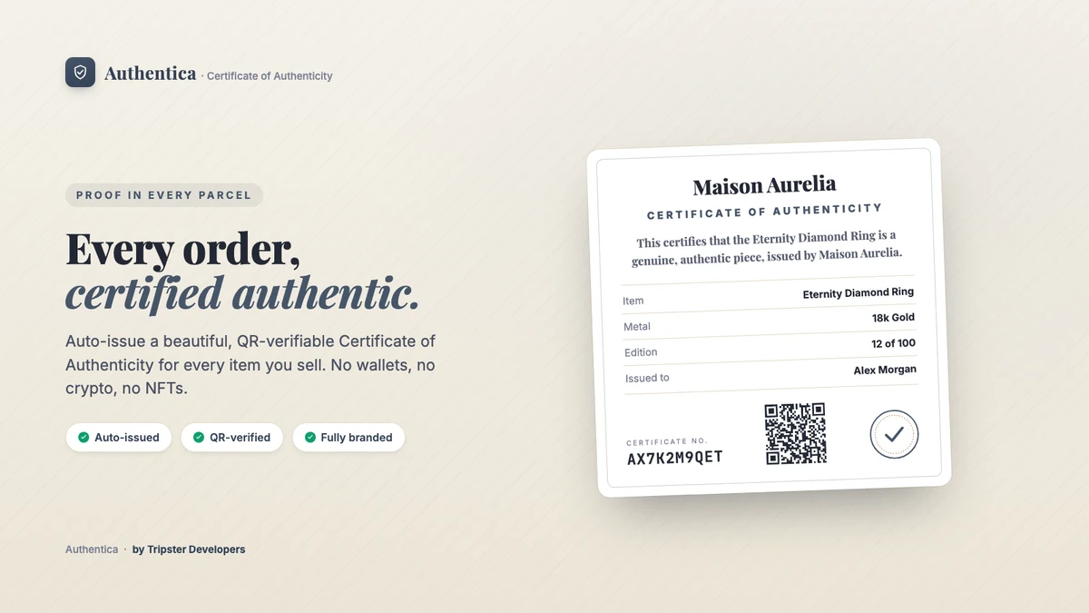 Authentica Shopify app, Certificate of Authenticity with QR code now live on the App Store