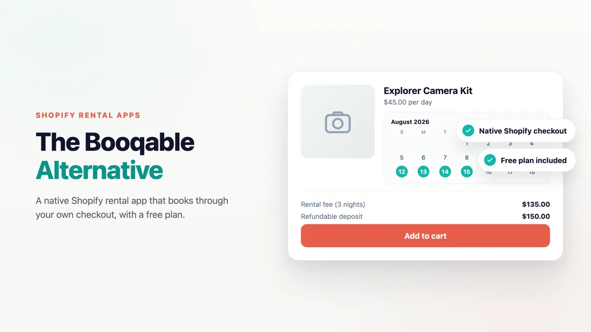 Booqable alternative for Shopify: a native rental app with date picker, deposits and free plan