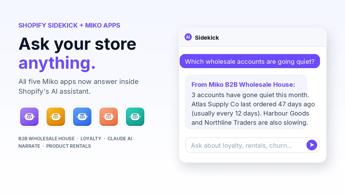 Shopify Sidekick answering questions from Miko app data inside the Shopify admin