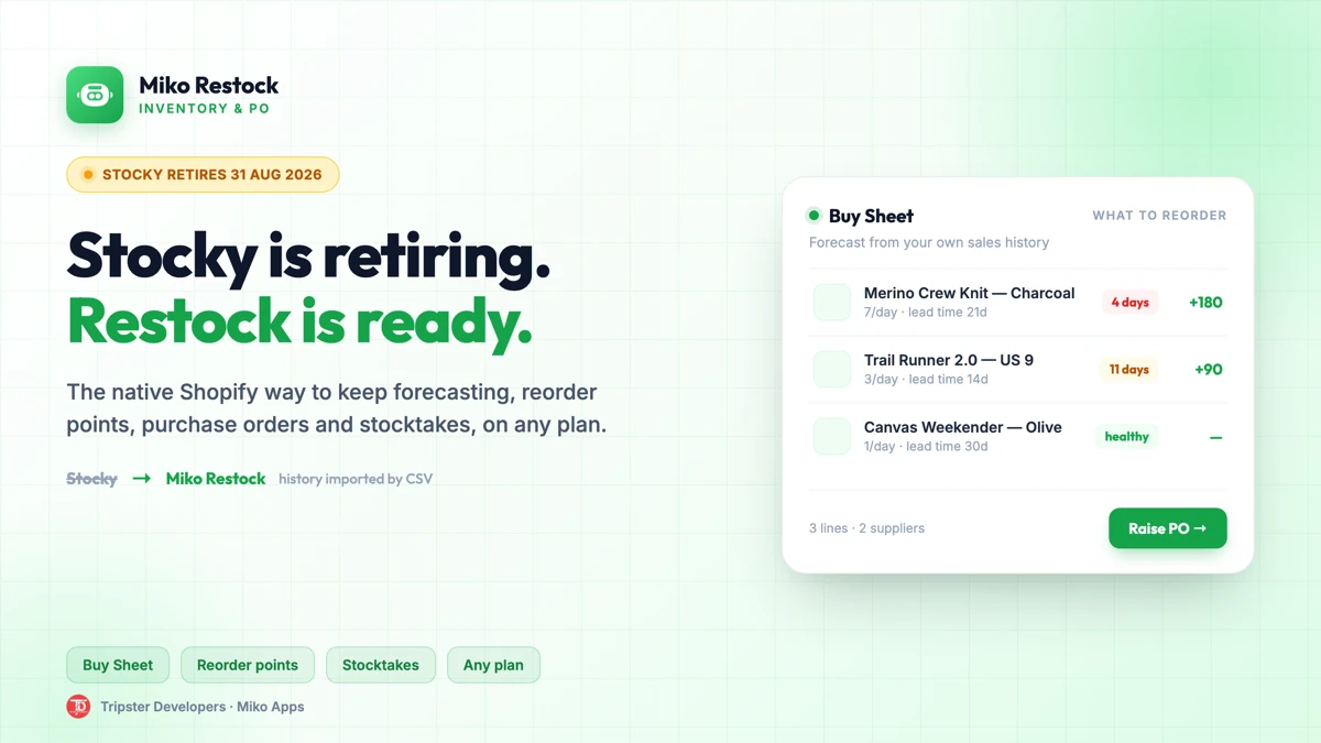 Stocky alternative for Shopify: native inventory forecasting, reorder points and purchase orders on any plan