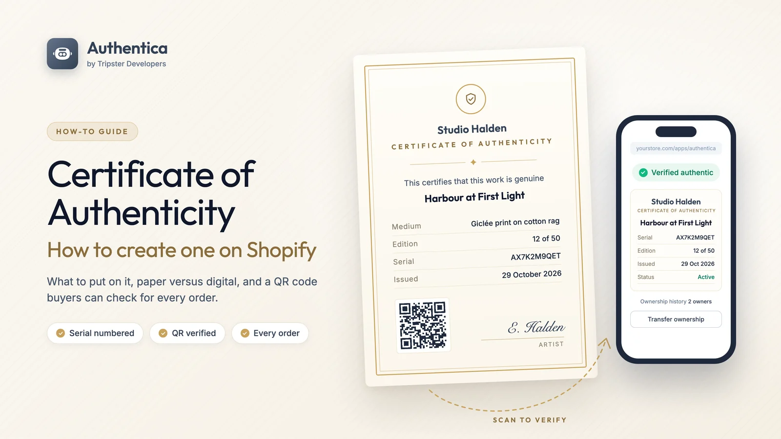 A certificate of authenticity with a QR code, verified on a phone with Authentica for Shopify