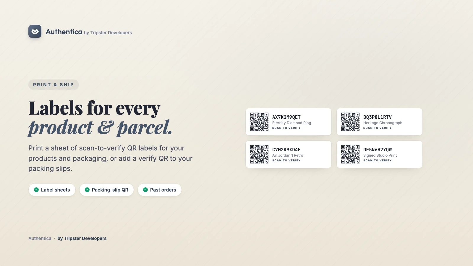 Printable scan-to-verify QR labels for a certificate of authenticity, for products and parcels