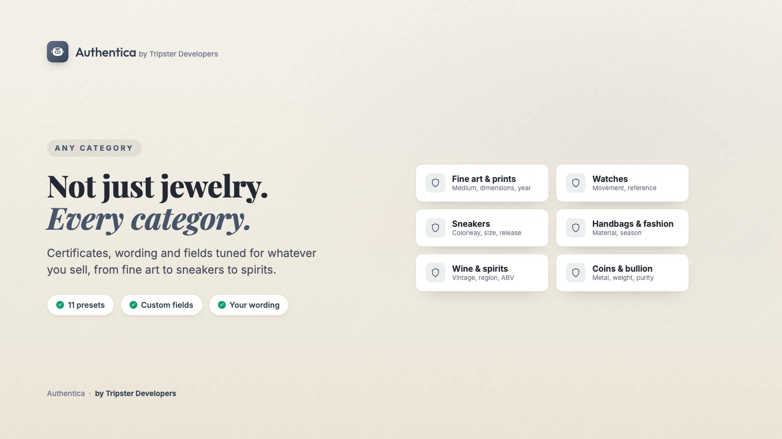 Certificate of authenticity presets in Authentica for fine art, watches, sneakers, handbags, wine and coins