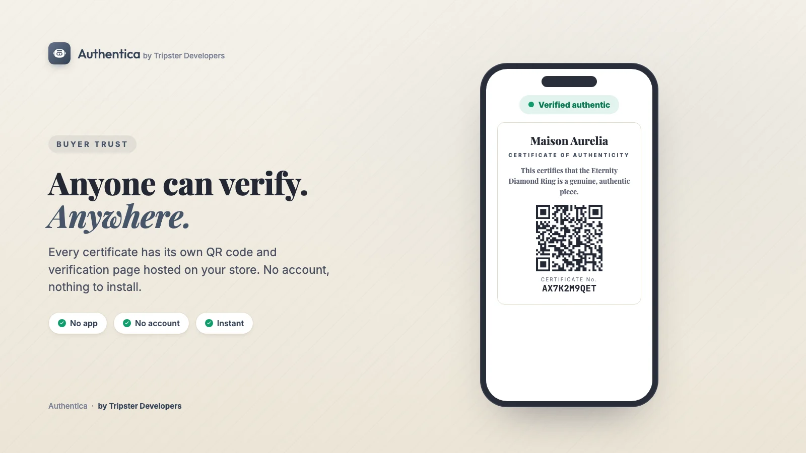 A buyer scans the QR code on a certificate of authenticity and sees it verified on the phone