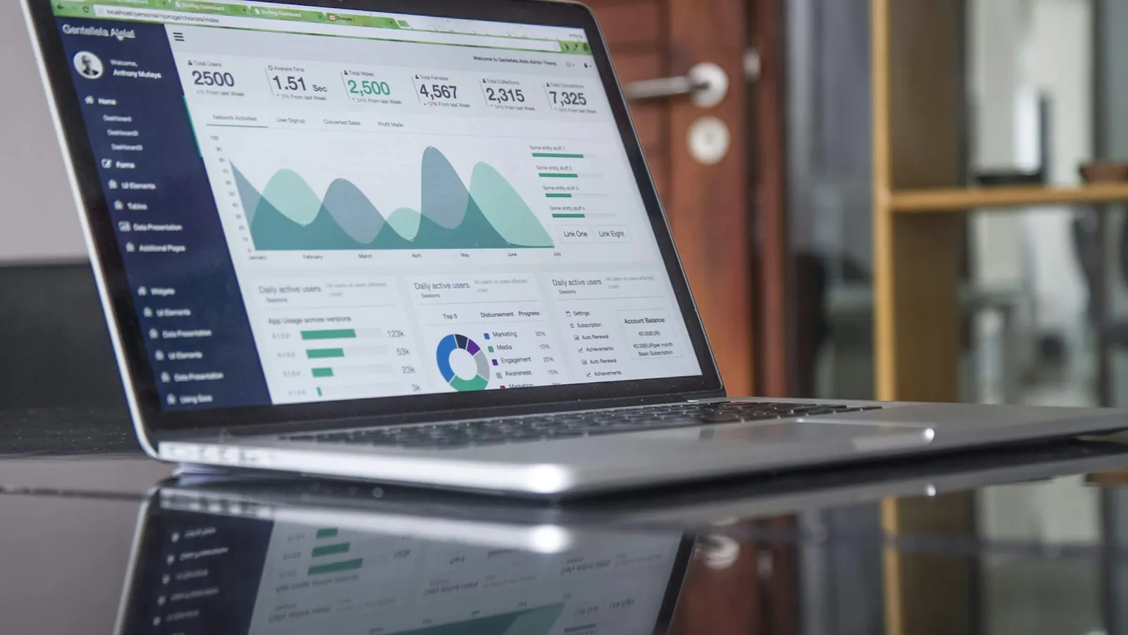A laptop with charts on a glass desk