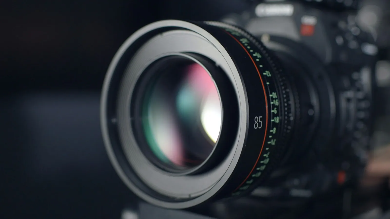 Close-up of a cinema camera lens
