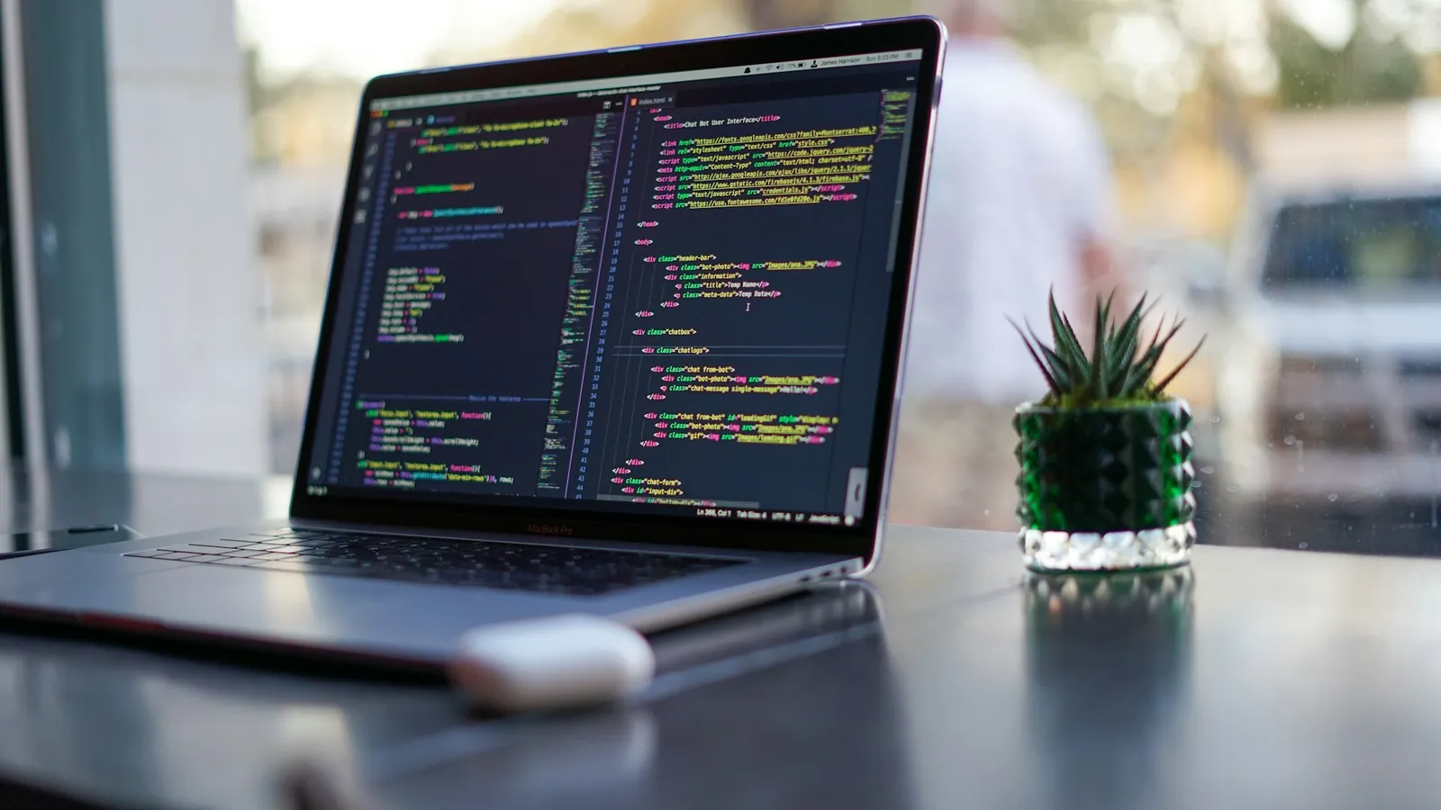 A laptop showing code beside a small plant