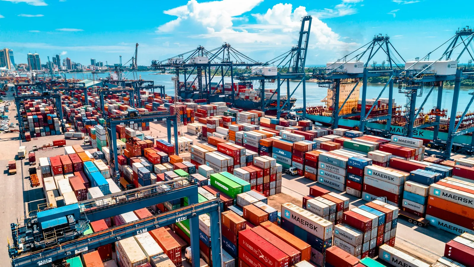 A busy container port seen from above