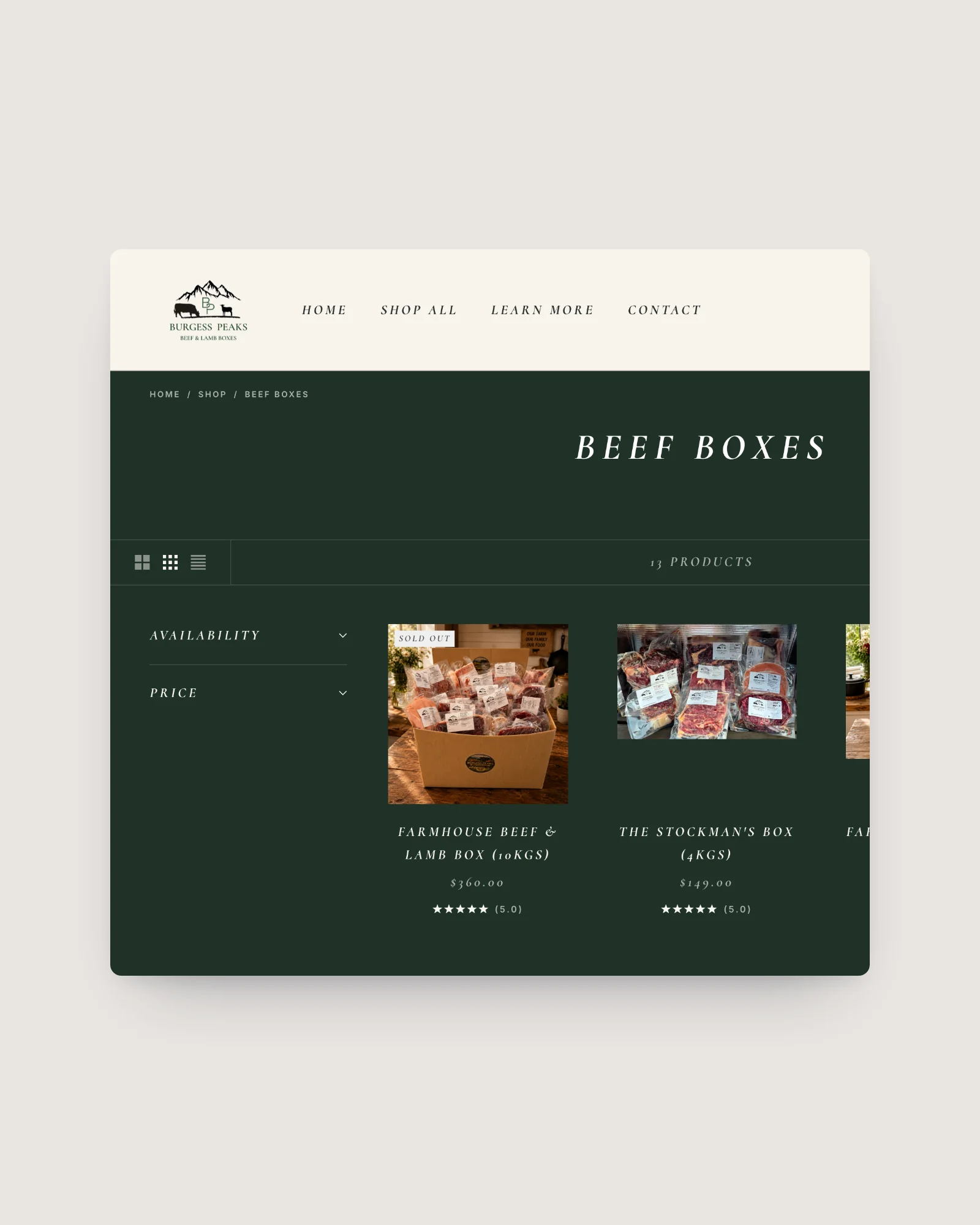 Burgess Peaks beef boxes collection with availability and price filters