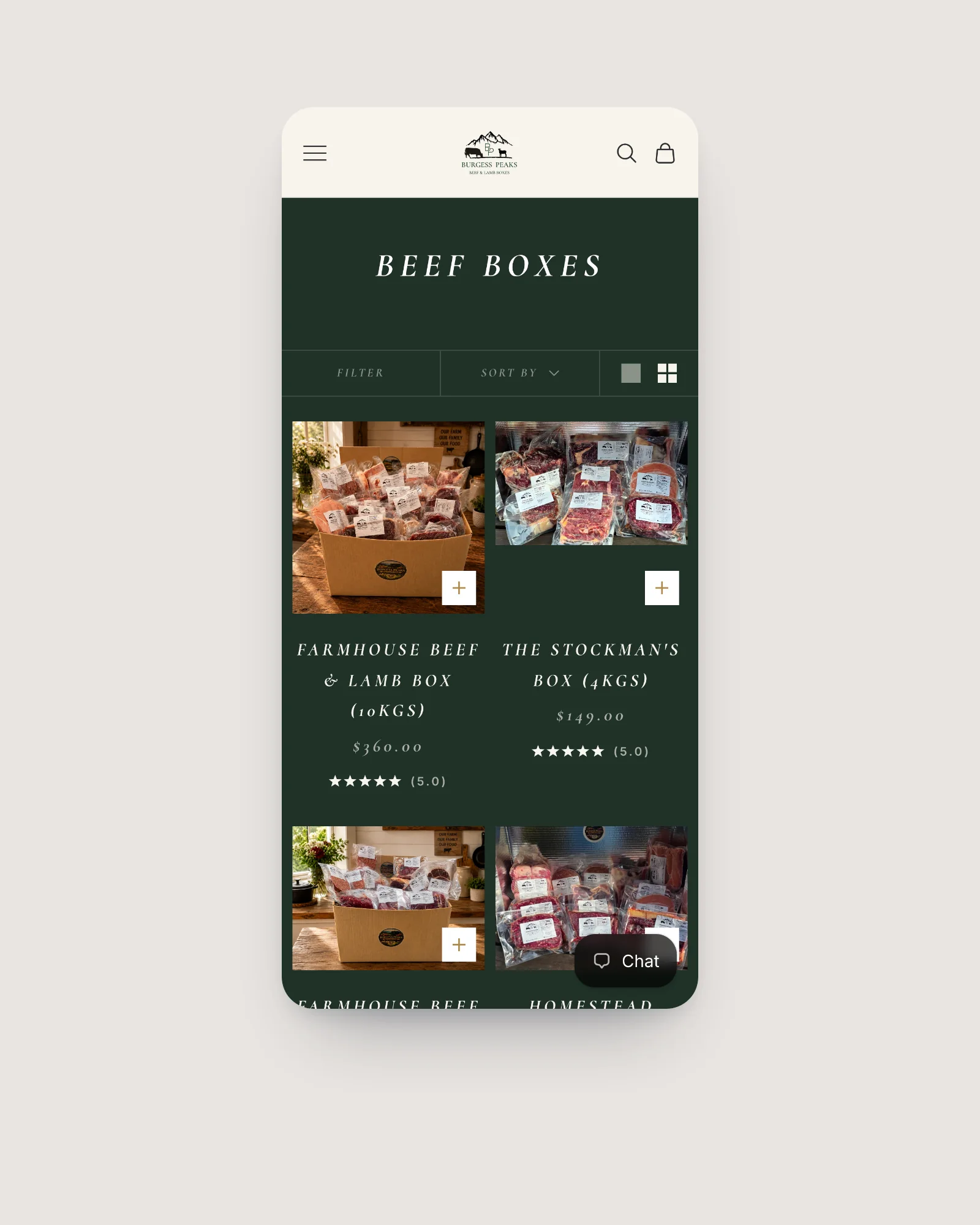 Burgess Peaks collection page on mobile