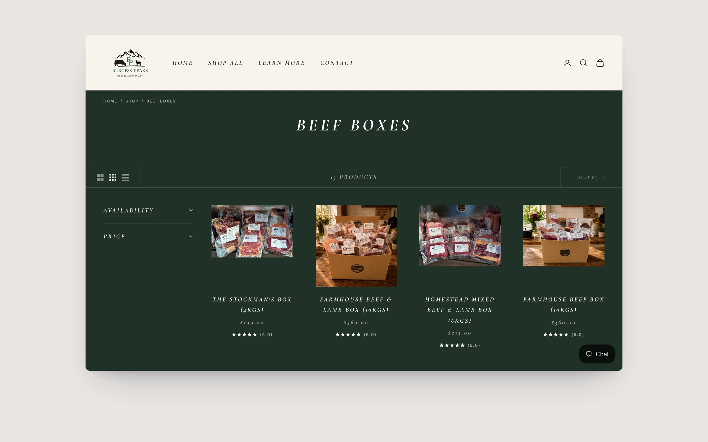 Burgess Peaks collection page with availability and price filters