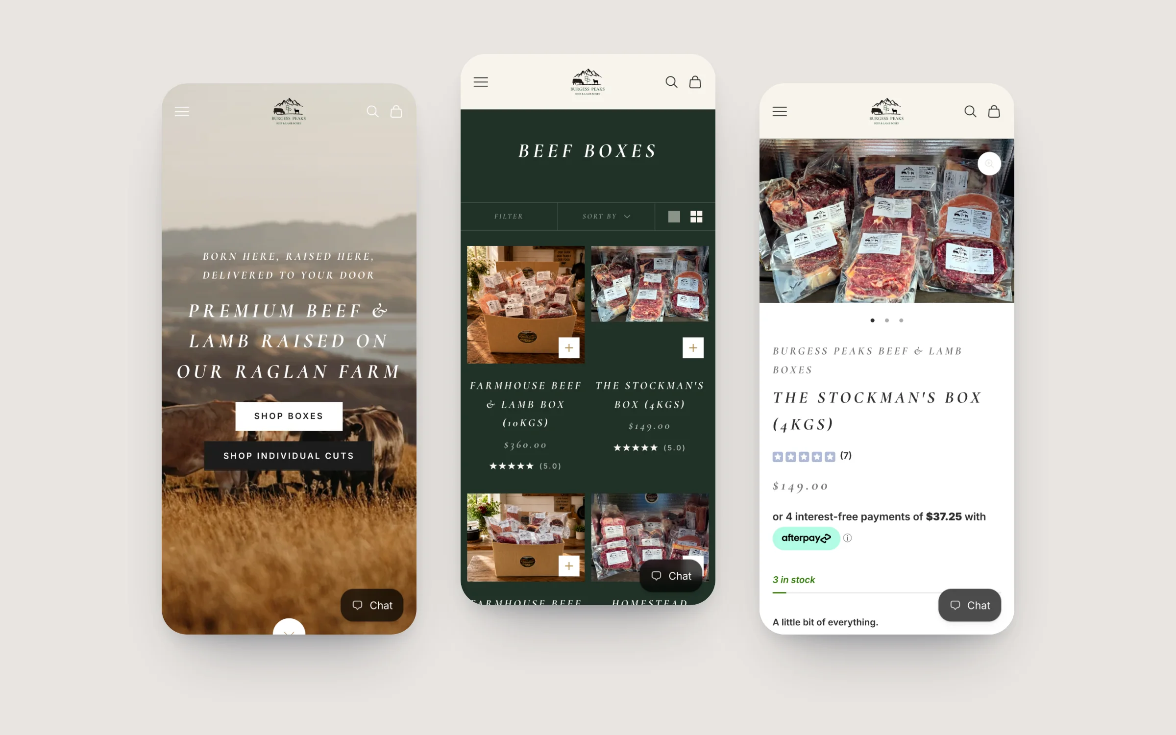 Burgess Peaks homepage, beef boxes collection and Stockman's Box product page on three phones