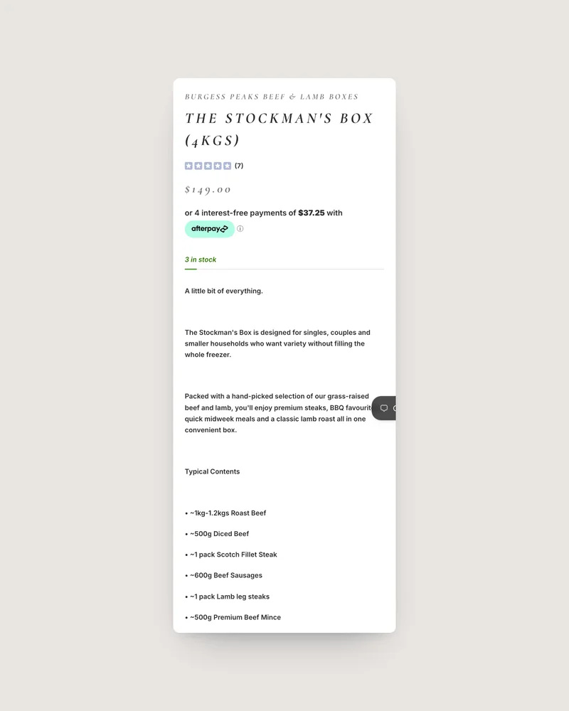Burgess Peaks product page on mobile