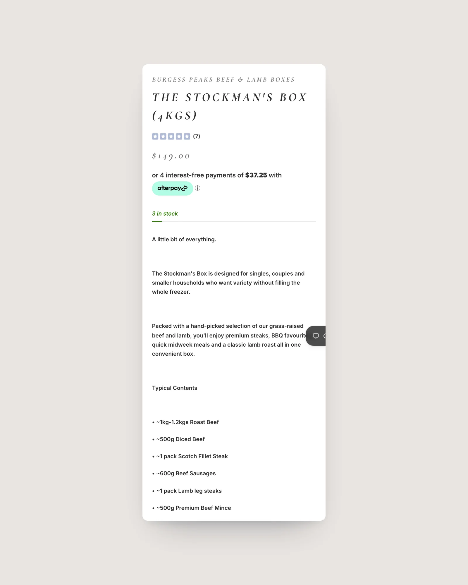 Close-up of the Burgess Peaks product buy box: reviews, stock, price and pay-in-four