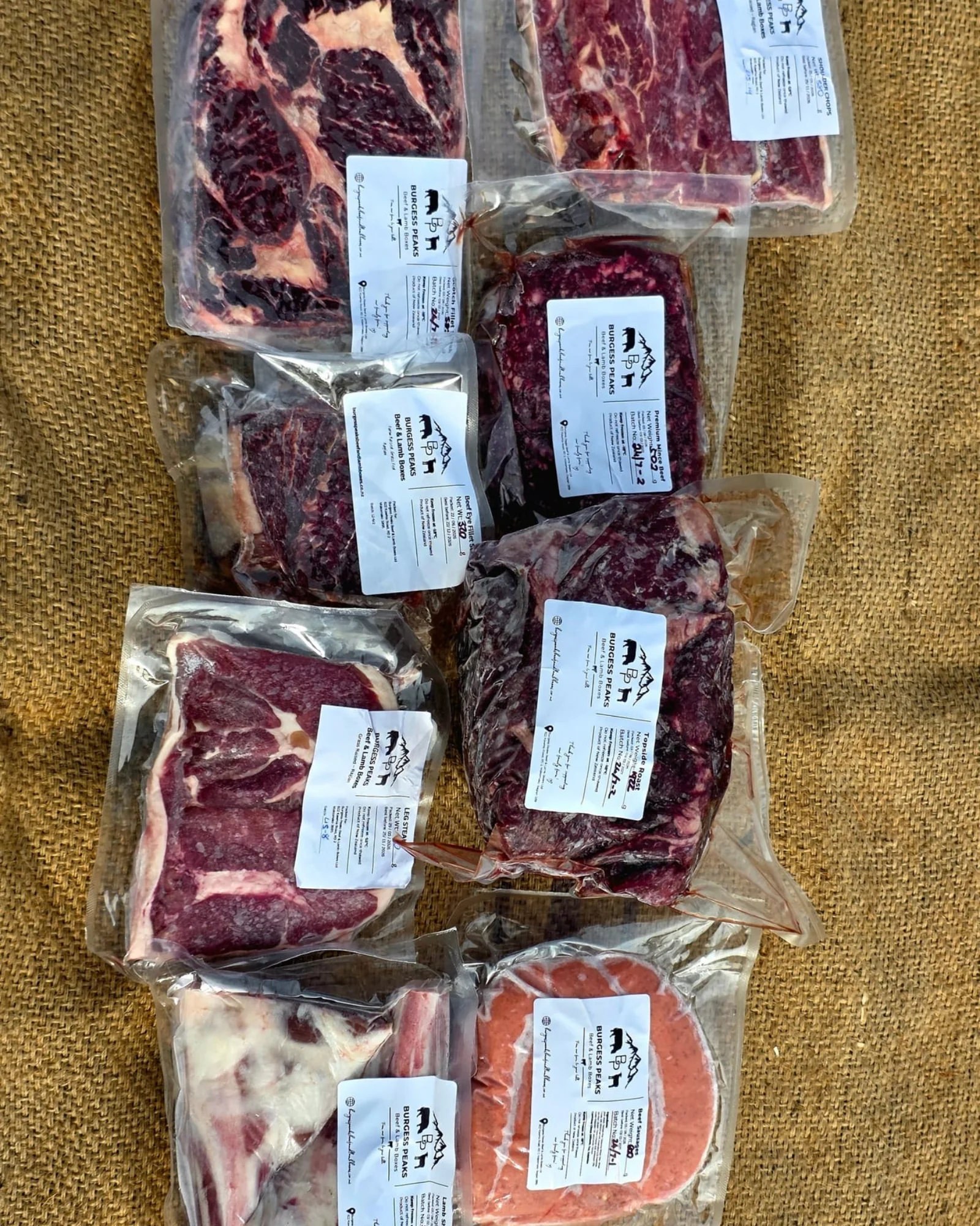 Vacuum-packed Burgess Peaks beef and lamb cuts from a meat box