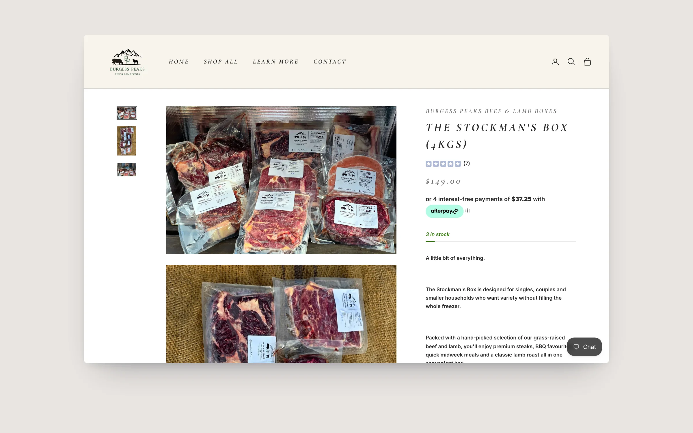 Burgess Peaks Stockman's Box product page with price, Afterpay instalments and stock
