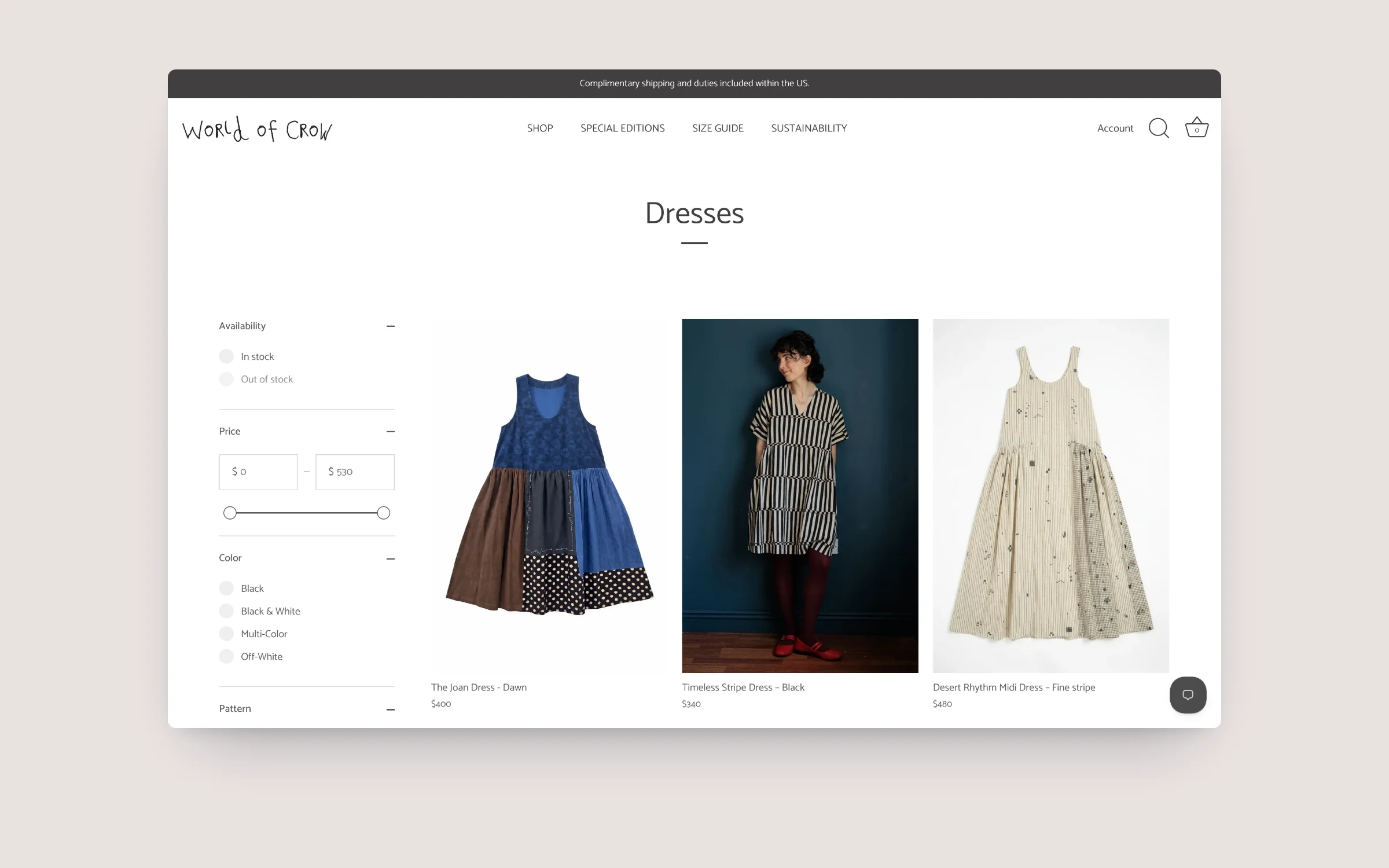 World of Crow collection page with colour, pattern and length filters