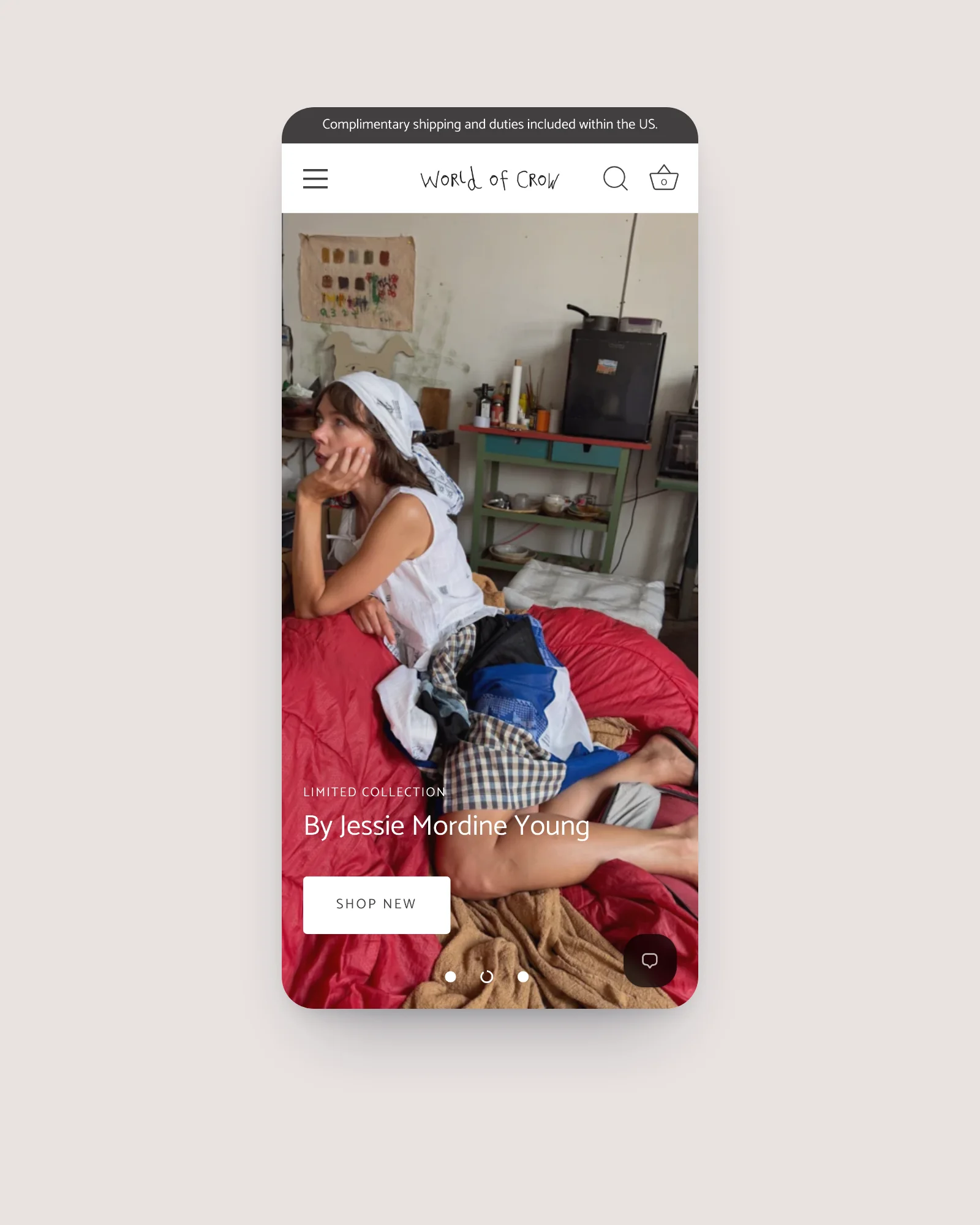 World of Crow homepage on a phone featuring the limited collection by Jessie Mordine Young