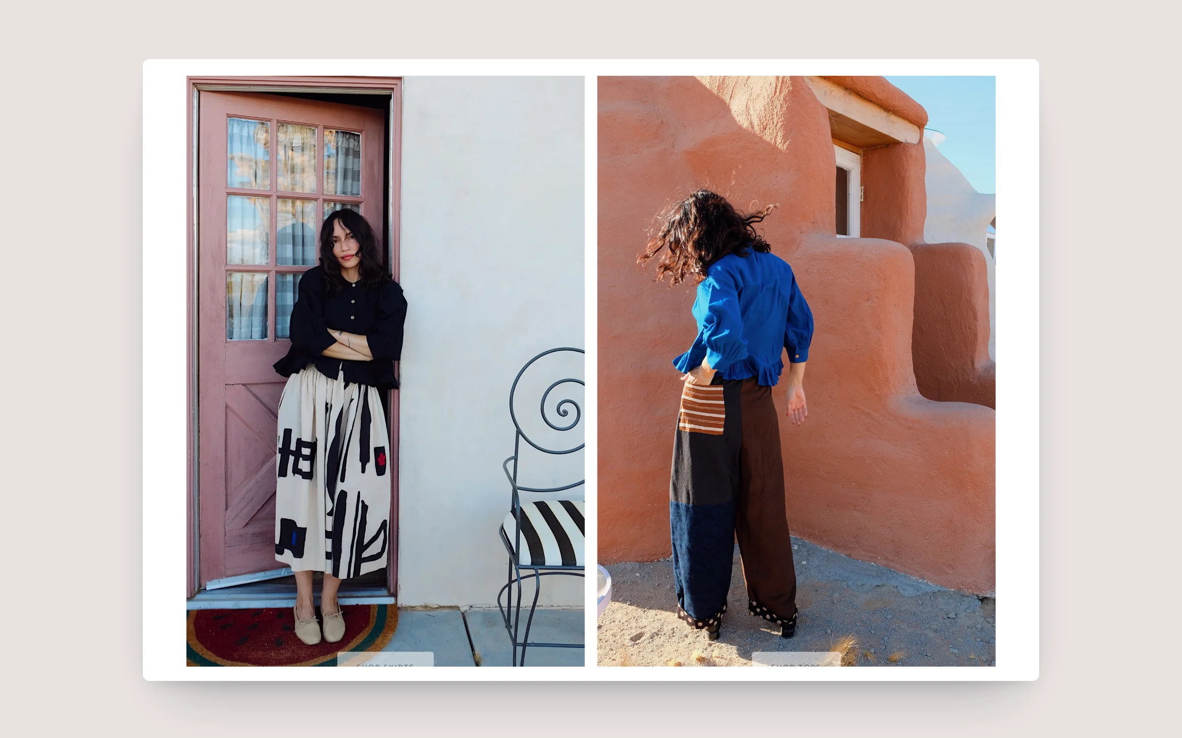World of Crow homepage editorial photos of hand block-printed clothing