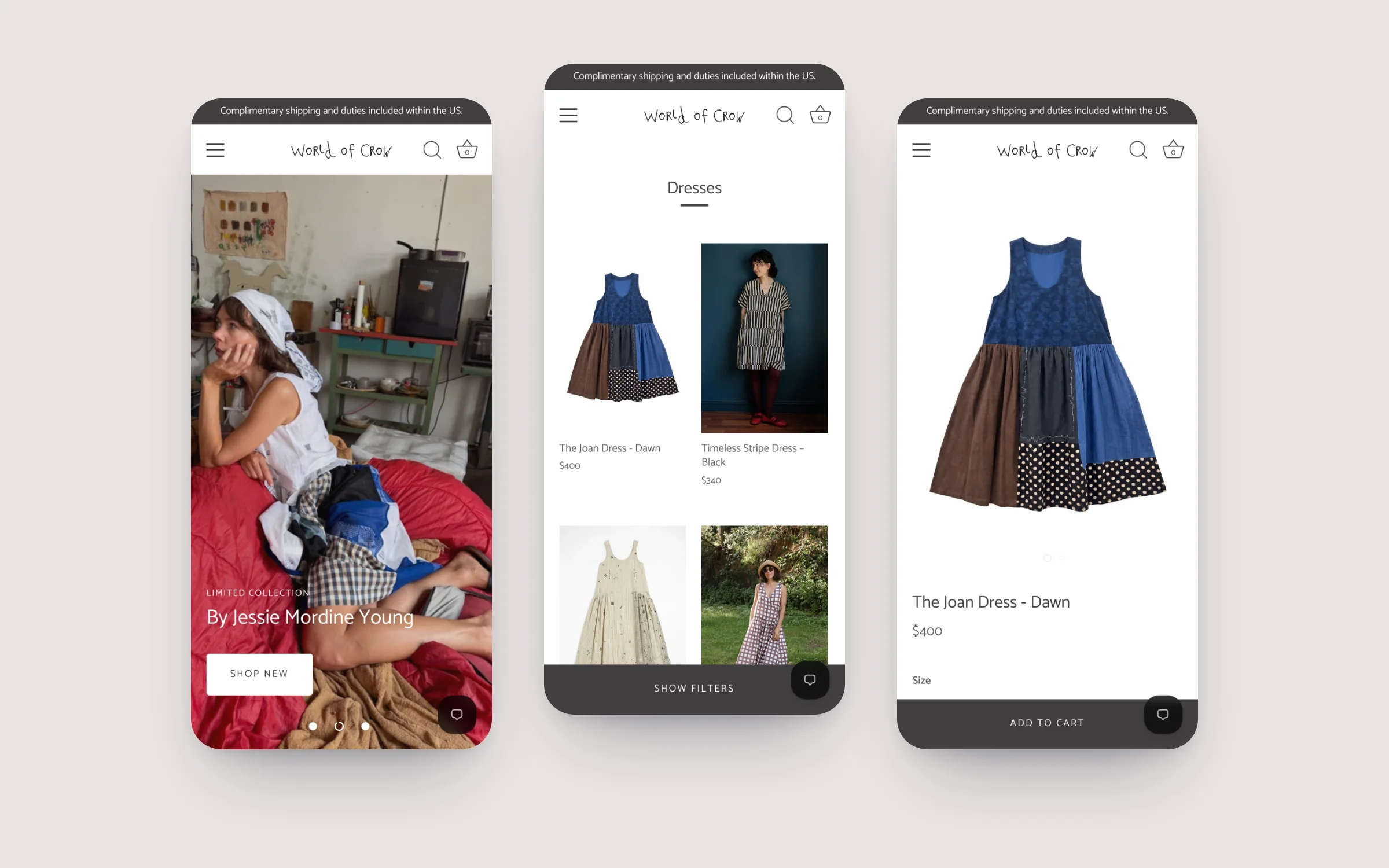 World of Crow homepage, dresses collection and dress product page on three phones
