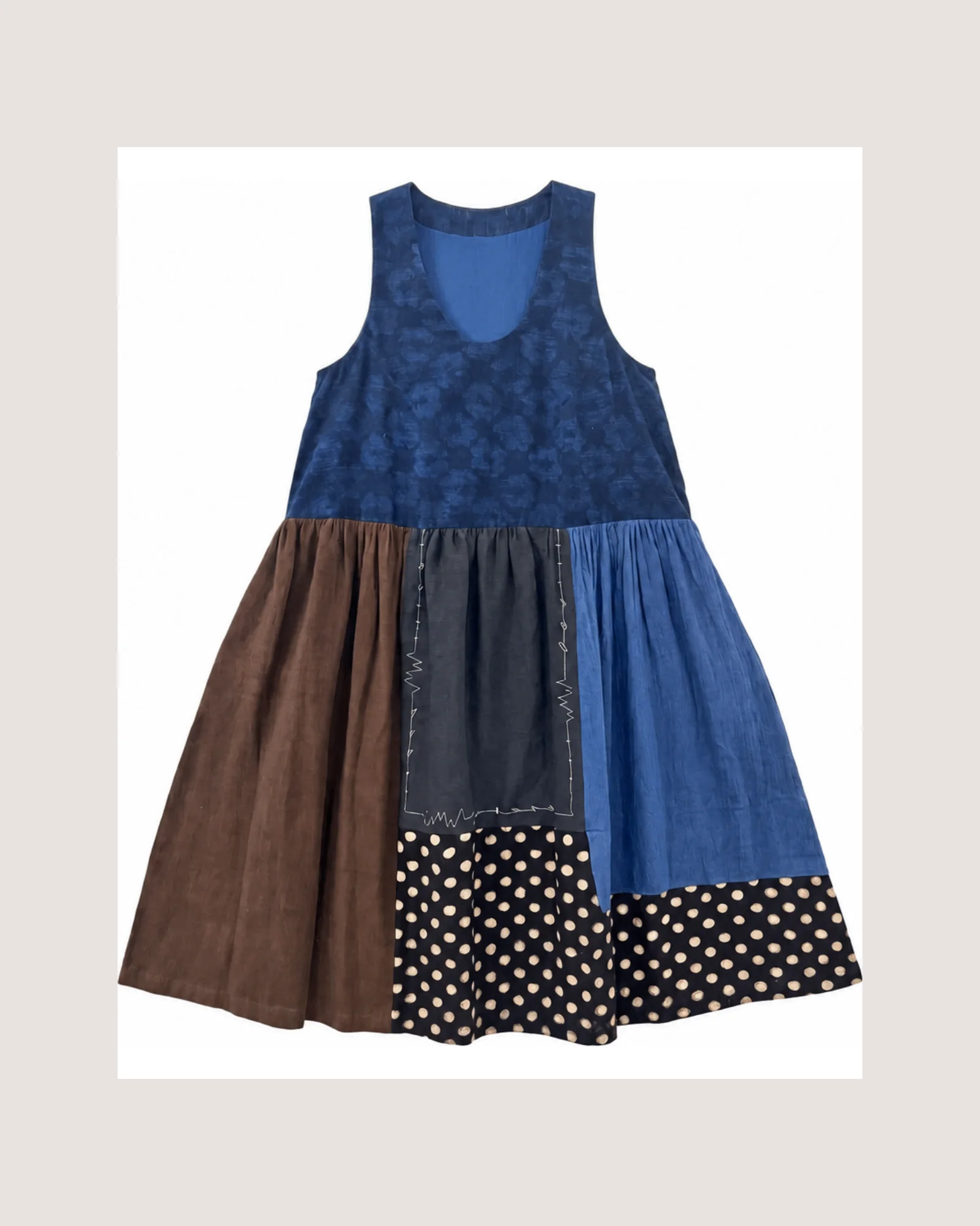 Hand-woven patchwork dress in blue, brown and polka dot organic cotton