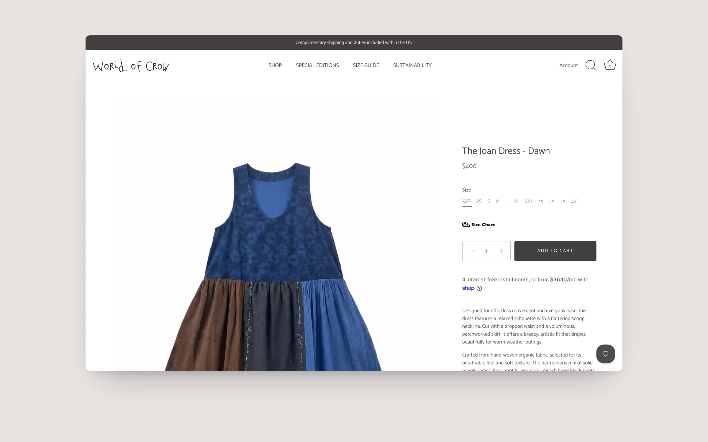 World of Crow patchwork dress product page with extended size range, size chart and add to cart