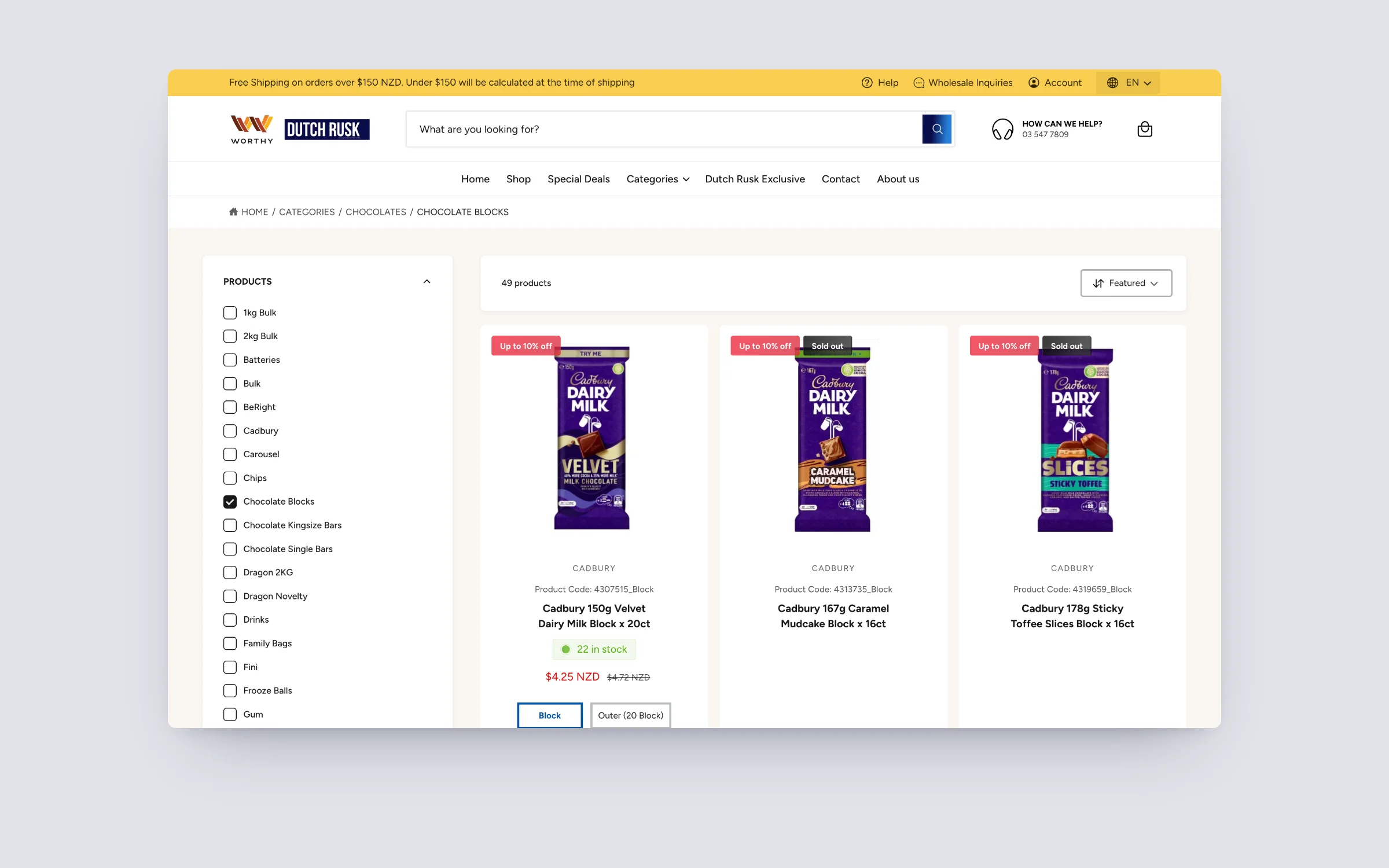 DutchRusk collection page with category filters, trade pricing, live stock and pack sizes