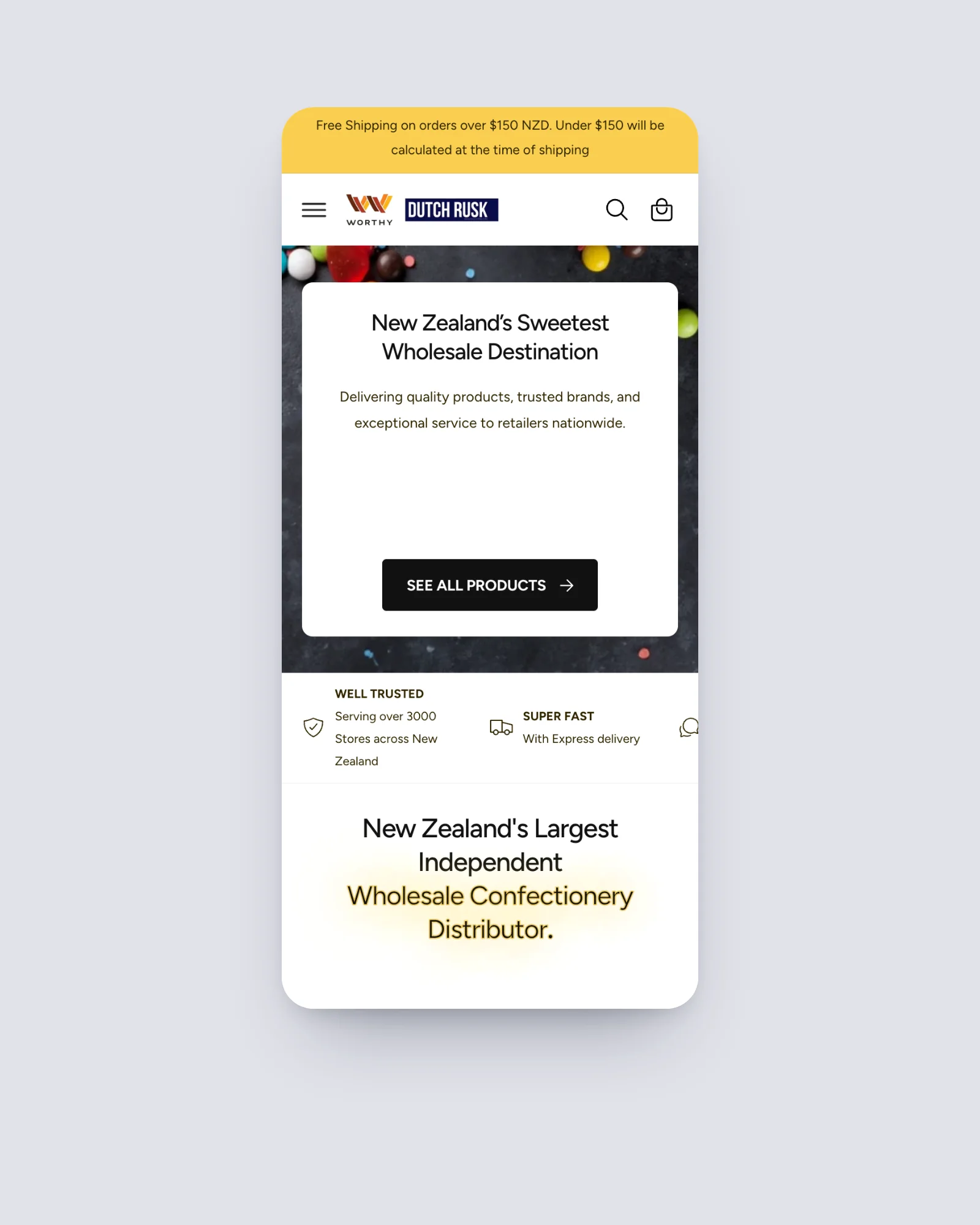 DutchRusk trade homepage on a phone: New Zealand's sweetest wholesale destination banner and trust strip