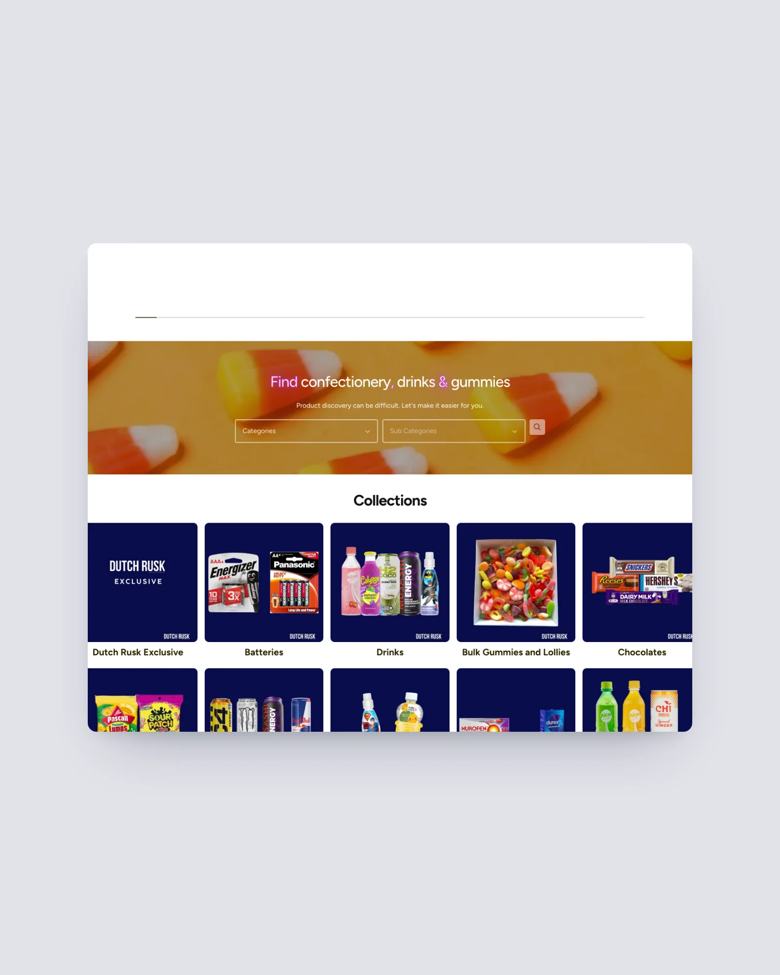 DutchRusk homepage search panel for confectionery, drinks and gummies, with collection shortcuts