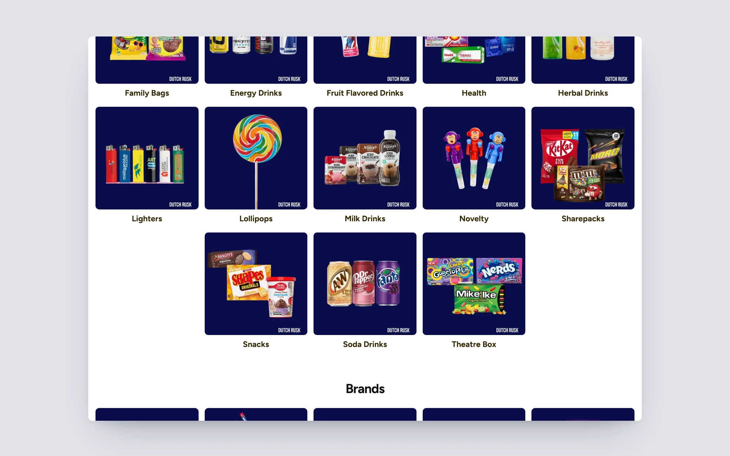 DutchRusk Shopify Plus homepage: shop-by-category tiles for drinks, lollipops and snacks above a brands strip