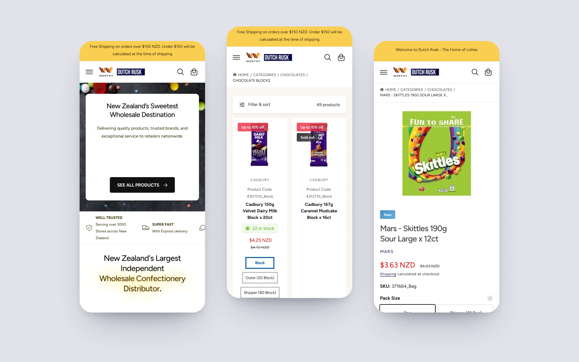DutchRusk homepage, a collection with pack-size buttons and a product page on three phones