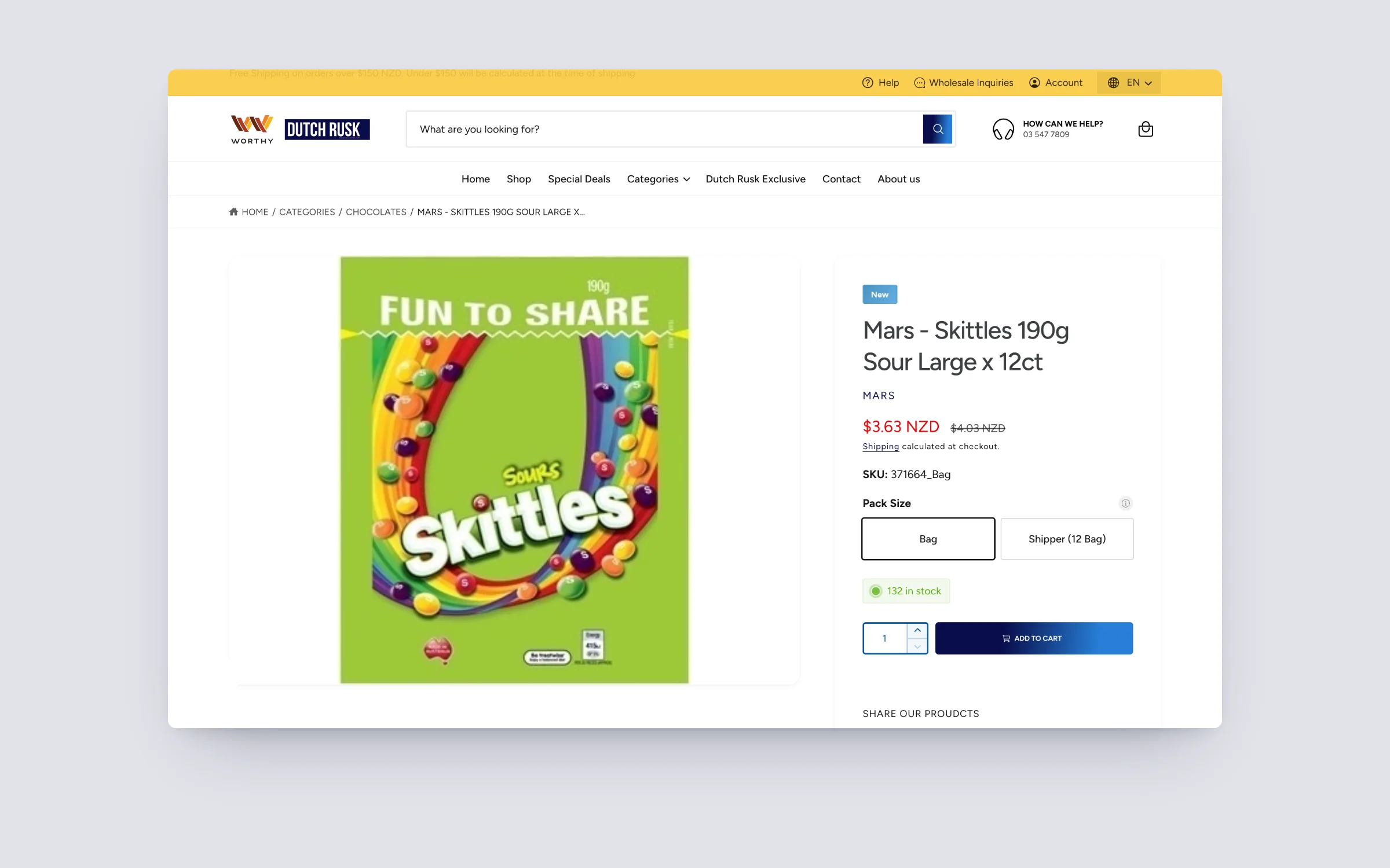 DutchRusk product page on desktop: pack size choice, live stock, SKU and trade price beside add to cart