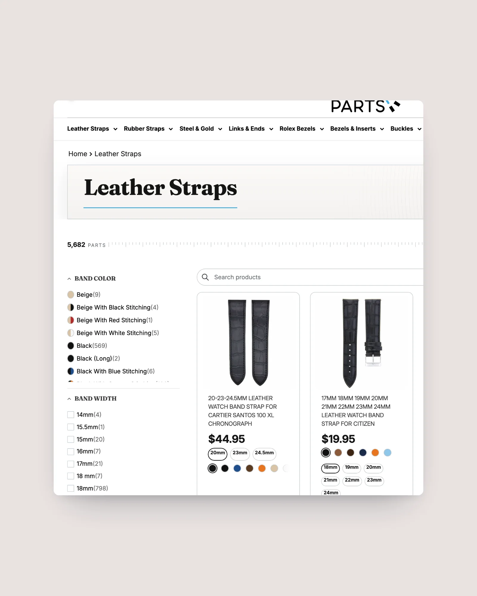 eWatch Parts leather straps collection with band colour and width filters